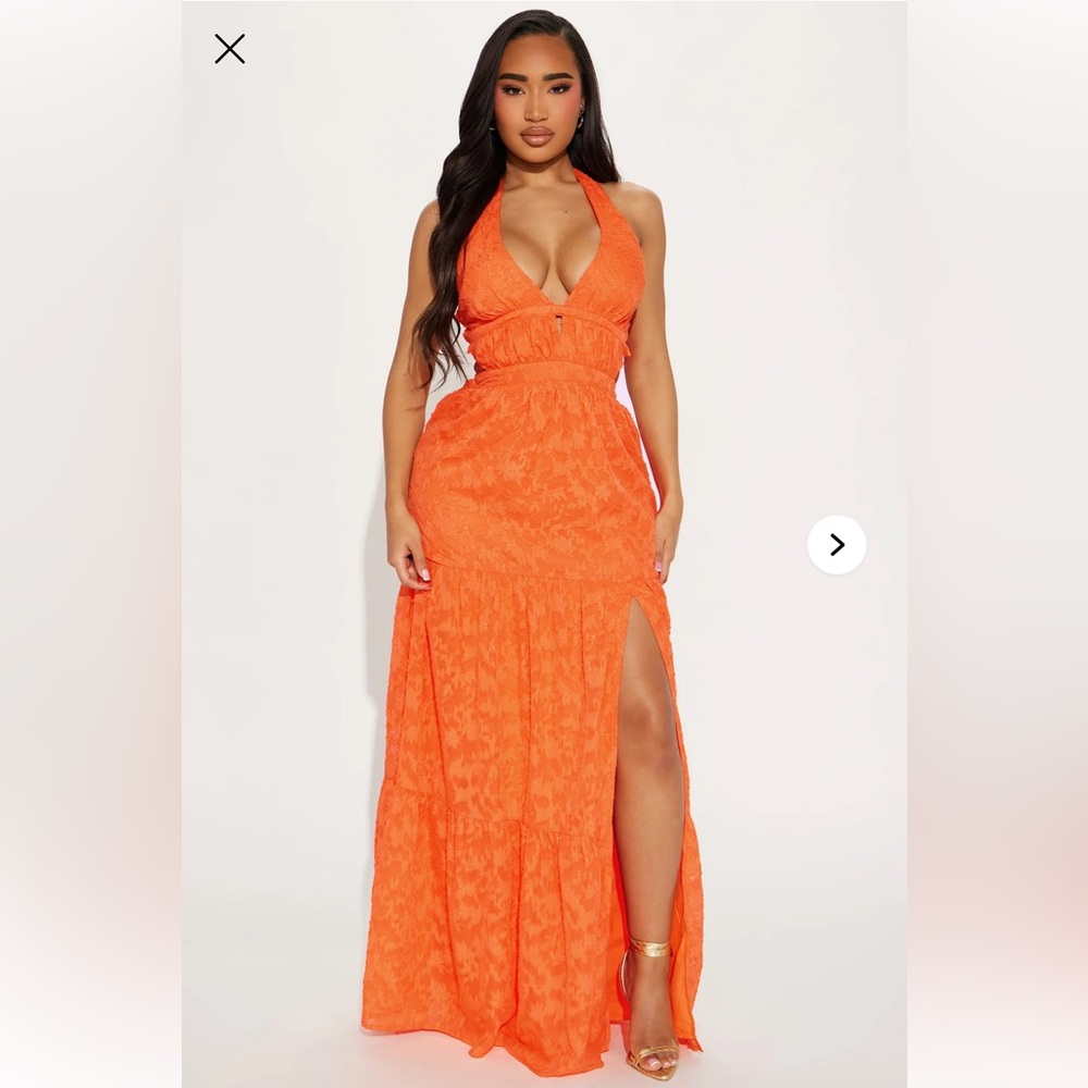 Fashion Nova Vibrant Orange Maxi Dress with Slit